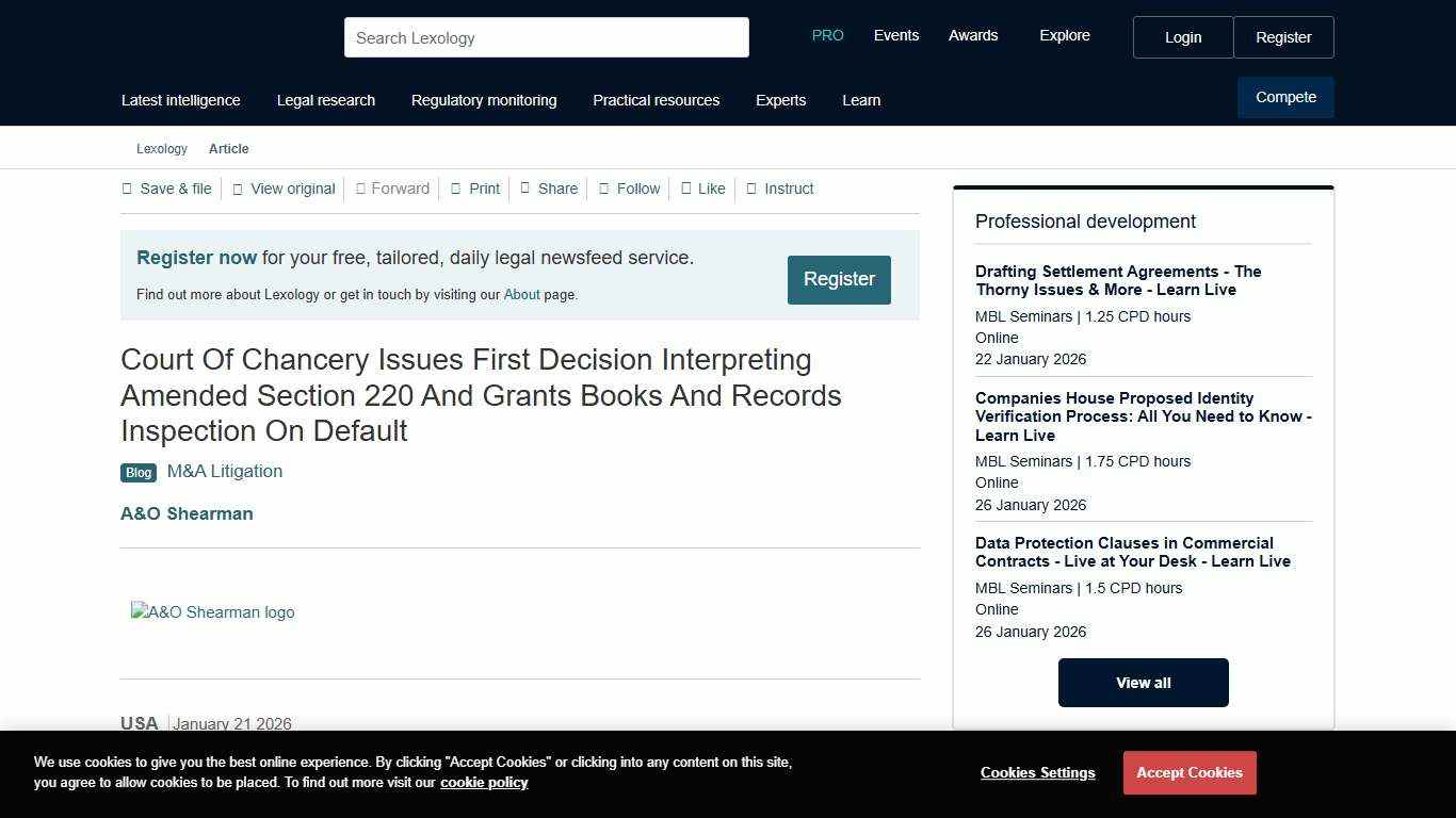 Court Of Chancery Issues First Decision Interpreting Amended Section 220 And Grants Books And Records Inspection On Default - Lexology