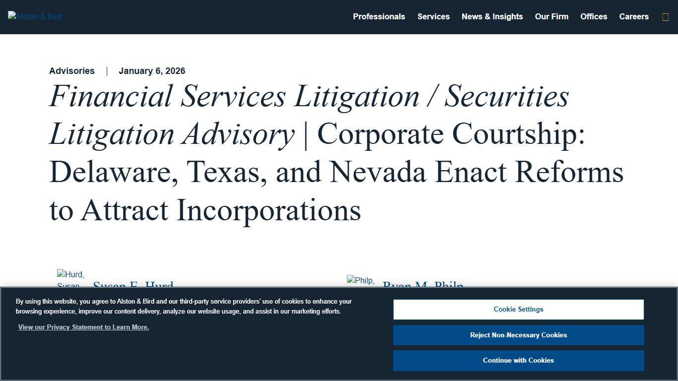 Delaware, Texas & Nevada Enact Reforms to Attract Incorporations | Alston & Bird