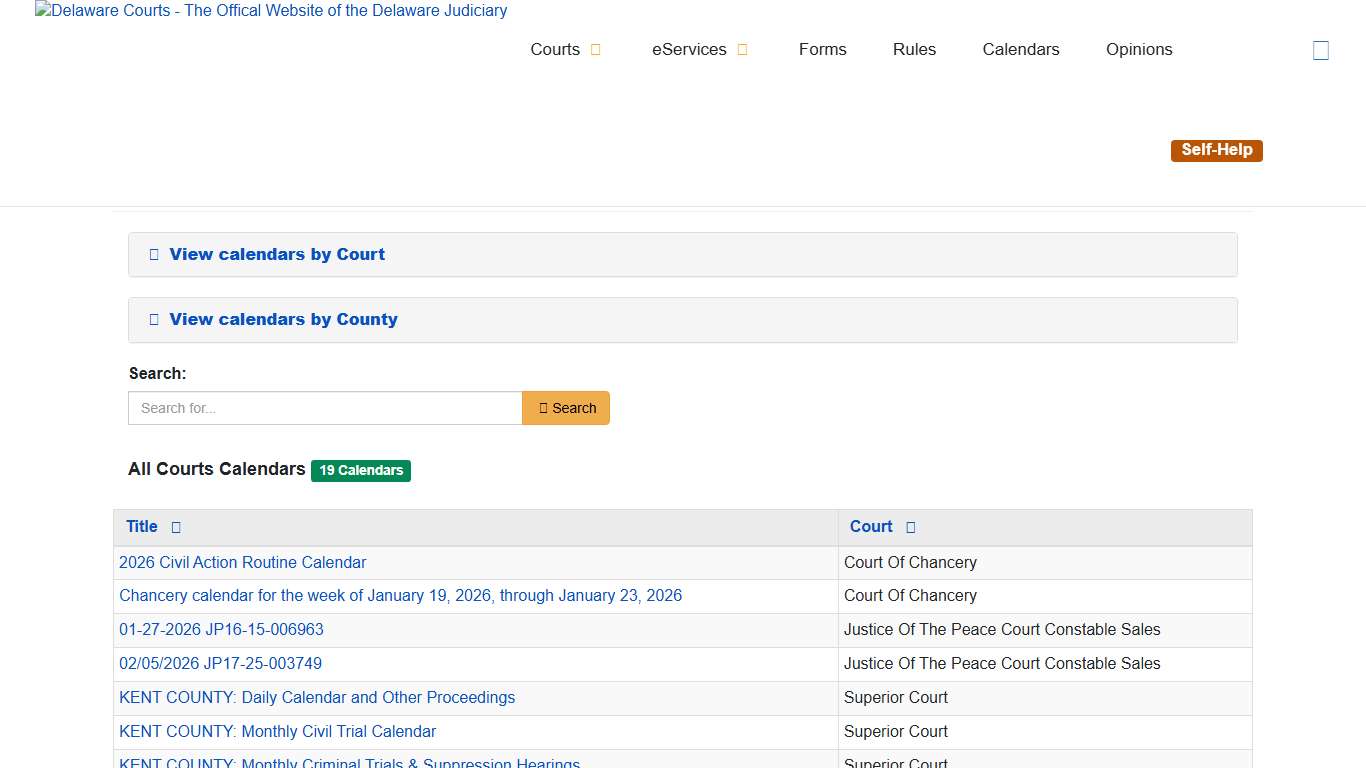 Calendars - Delaware Courts - State of Delaware