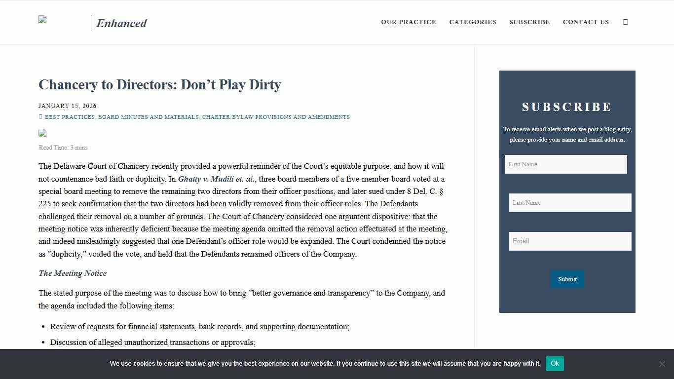 Chancery to Directors: Don’t Play Dirty | Enhanced Scrutiny